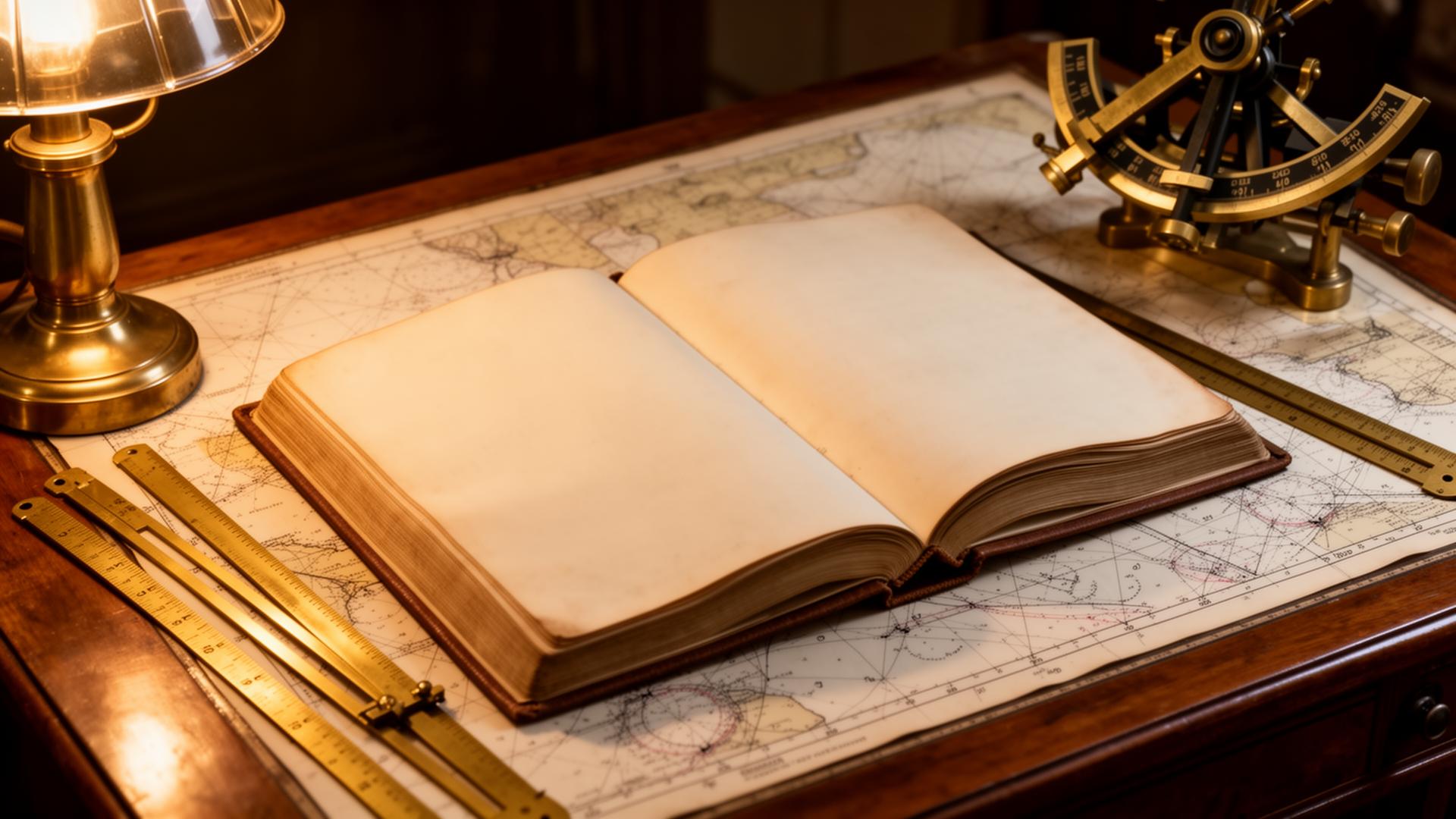 Open ship's logbook on a chart table with brass sextant