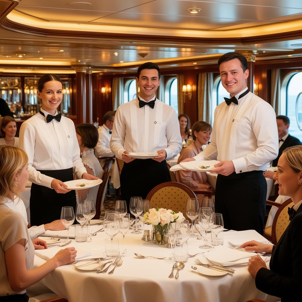 Smiling cruise ship catering waiters in crisp uniforms serving guests in an elegant onboard restaurant