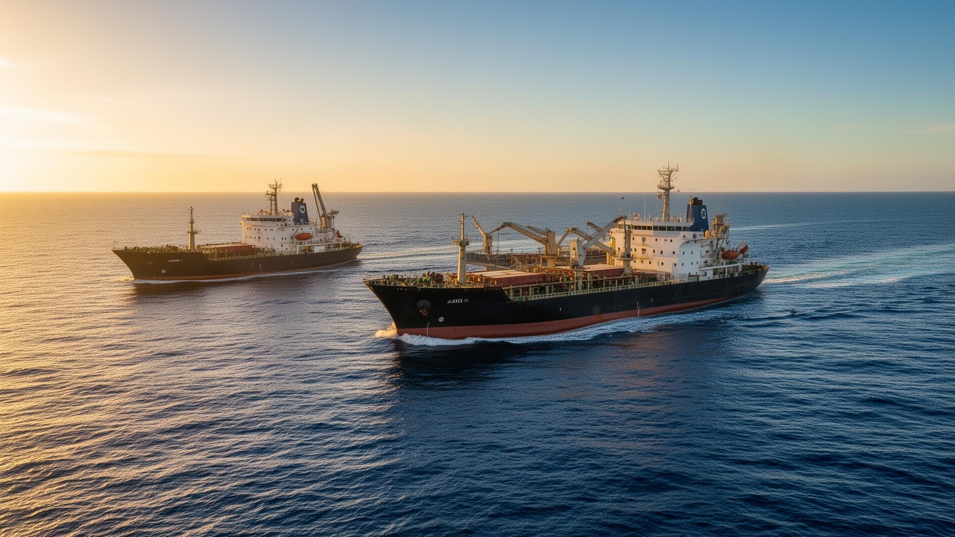 Two merchant ships sailing in formation at golden hour