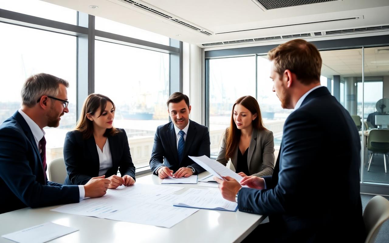 Maritime consultants reviewing audit documents in a meeting