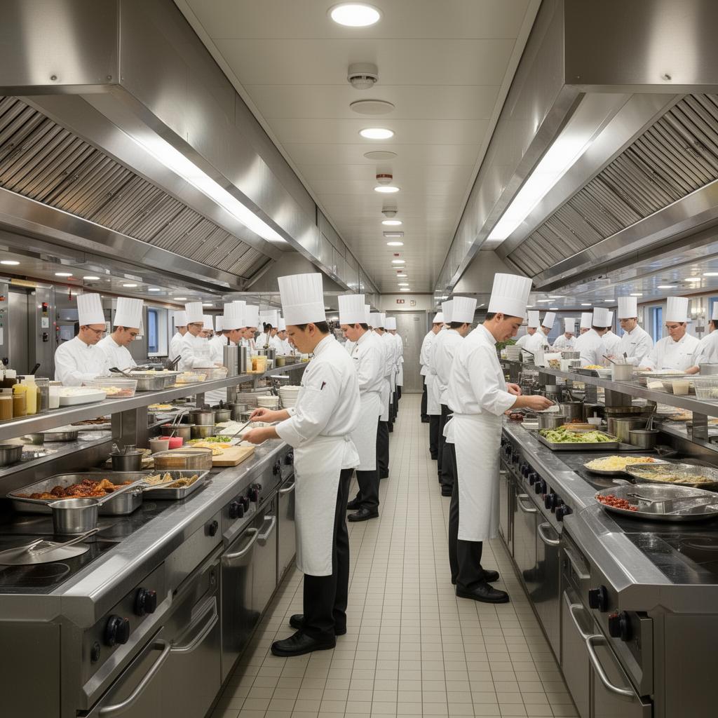 Professional cruise ship galley with chefs in white uniforms preparing meals across gleaming stainless-steel stations