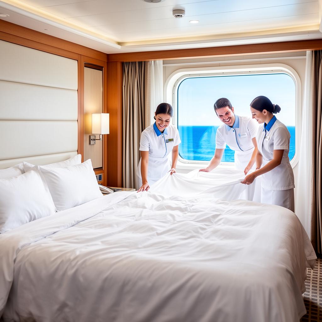 Friendly cruise ship housekeeping team in neat uniforms preparing a luxury stateroom with an ocean view