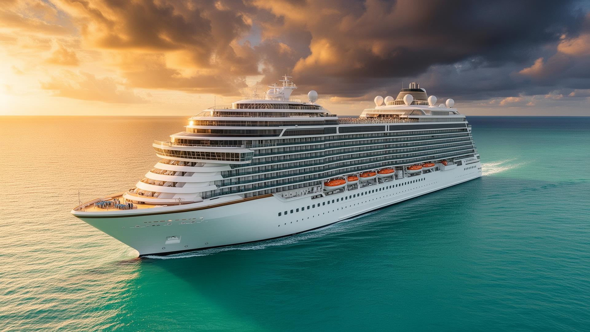 Luxury mega cruise ship sailing at golden hour — your future workplace