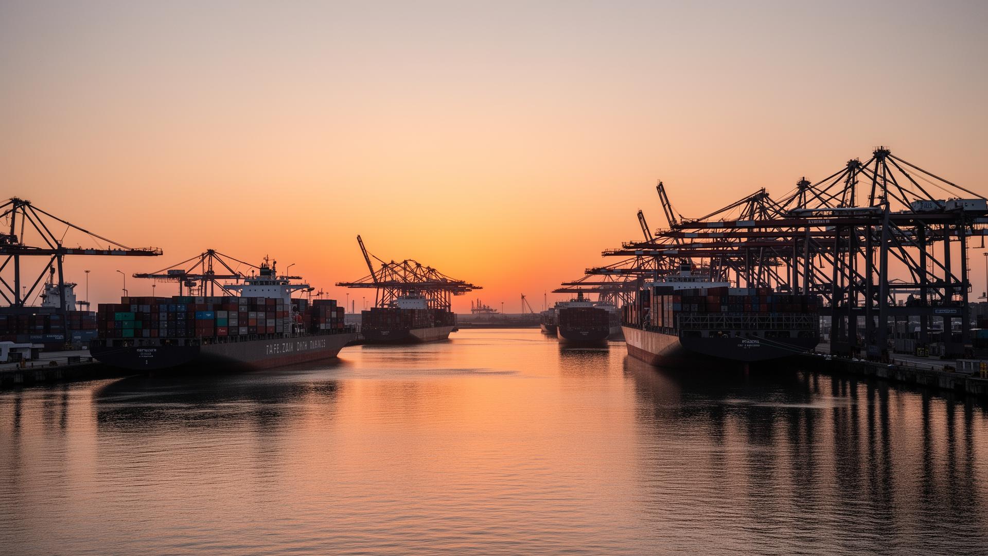 Commercial container port at dawn with gantry cranes
