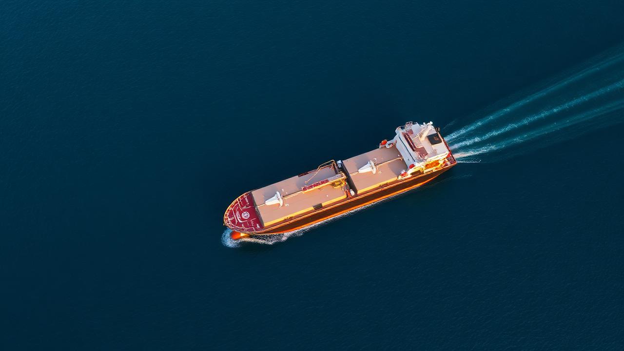 Coastal oil tanker sailing on calm sea at golden hour