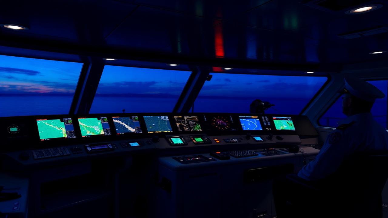 Ship bridge at twilight with ECDIS chart displays glowing