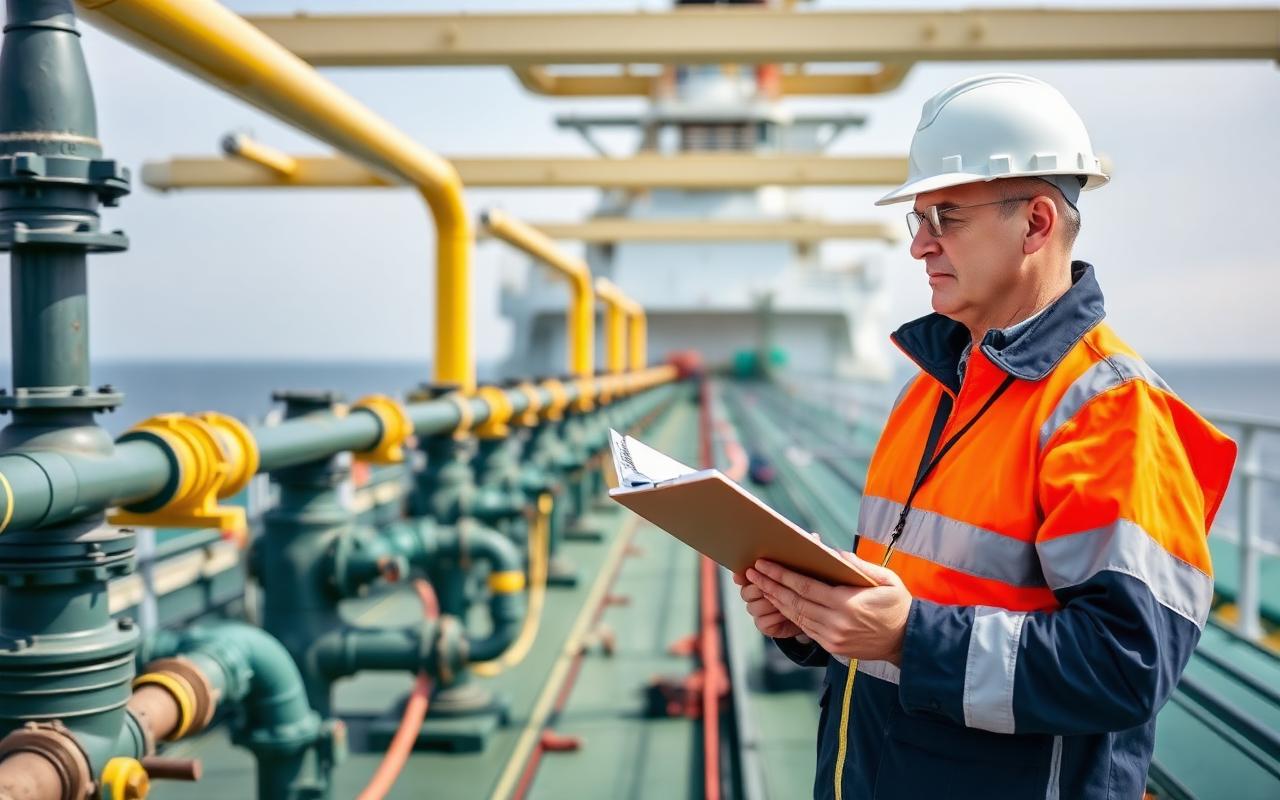 Marine surveyor inspecting tanker manifold and pipework