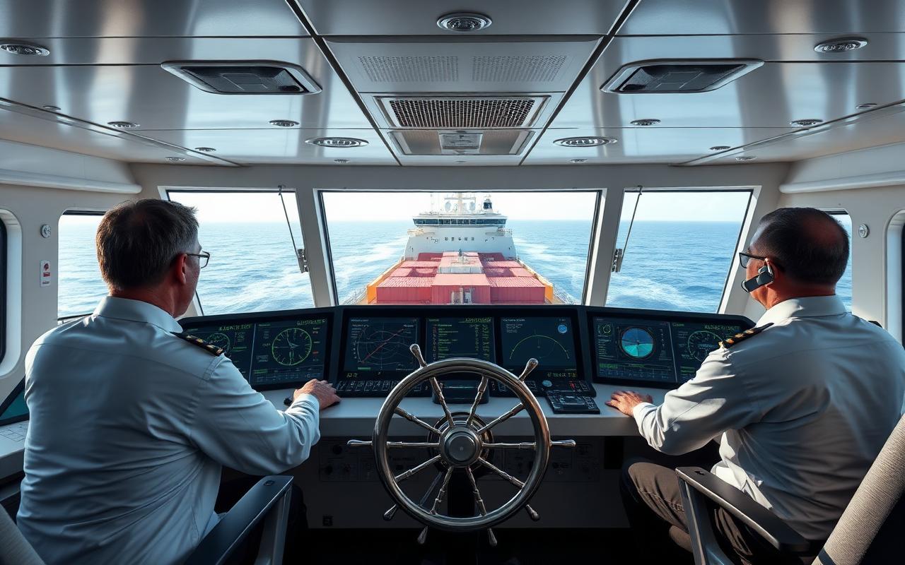 Officers training on a modern ship bridge simulator